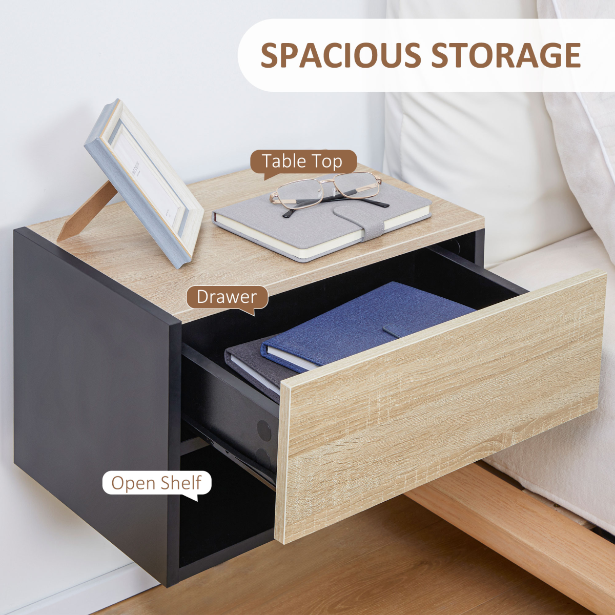 HOMCOM Set of 2 Modern Floating Bedside Tables with Drawer & Shelf