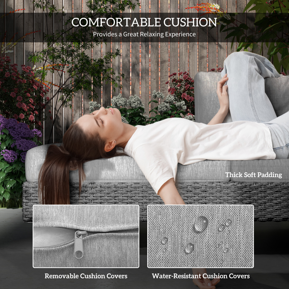 Outsunny 3-Piece Rattan Outdoor Sofa Set with Cushions & Tea Table, Light Grey