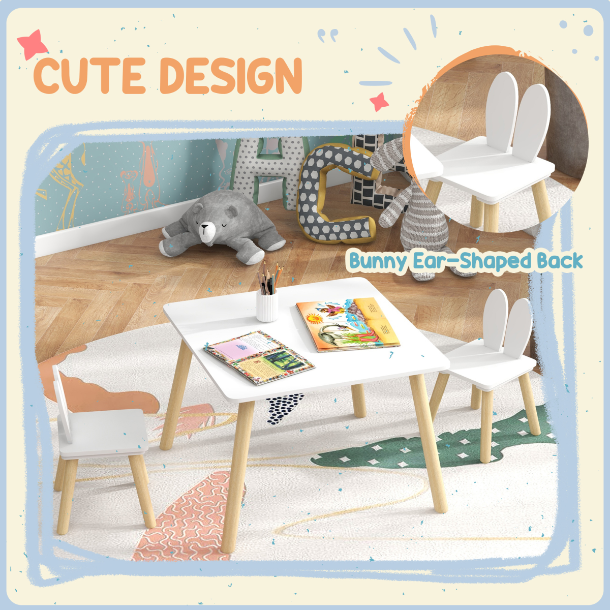 AIYAPLAY 3-Piece Toddler Table and Chair Set, Bunny Ear Design