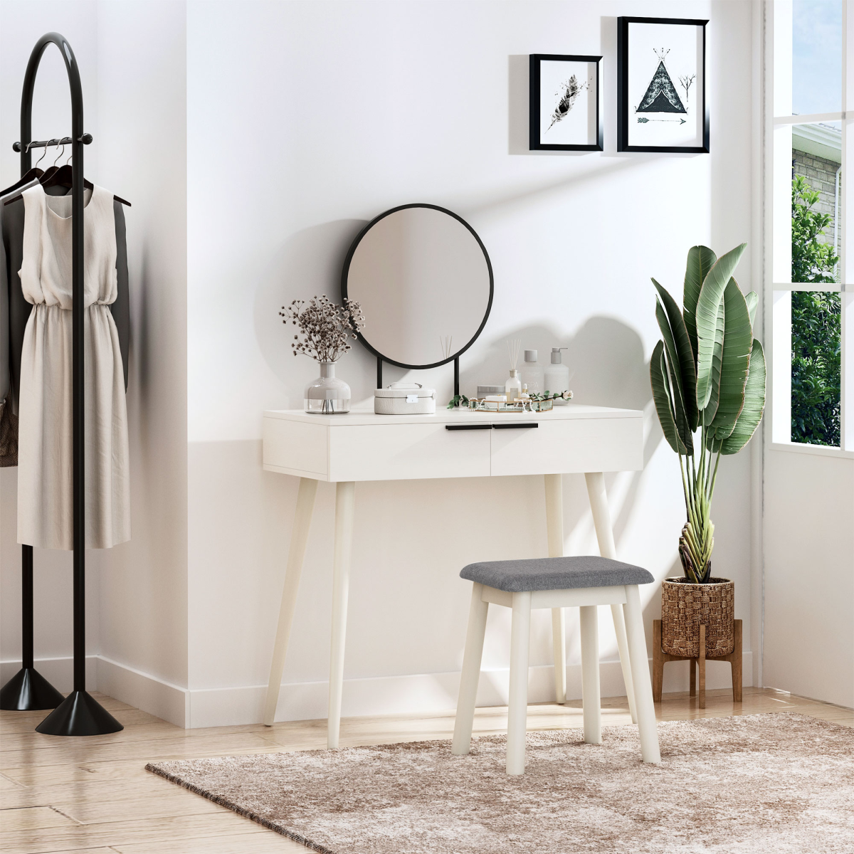 HOMCOM White Dressing Table Vanity Set with Round Mirror, Cushioned Stool, 2 Drawers