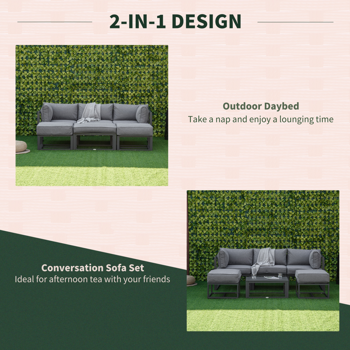 Outsunny 6 Piece Convertible Outdoor Daybed and Garden Sofa Set with Coffee Table, Footstools and Cushions, Grey