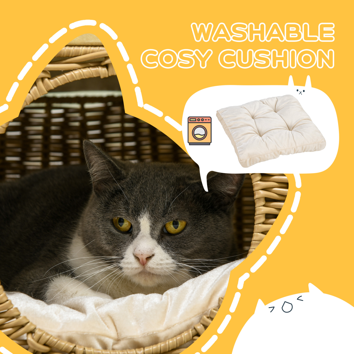 PawHut Elevated Wicker Cat House with Washable Cushion, Light Brown