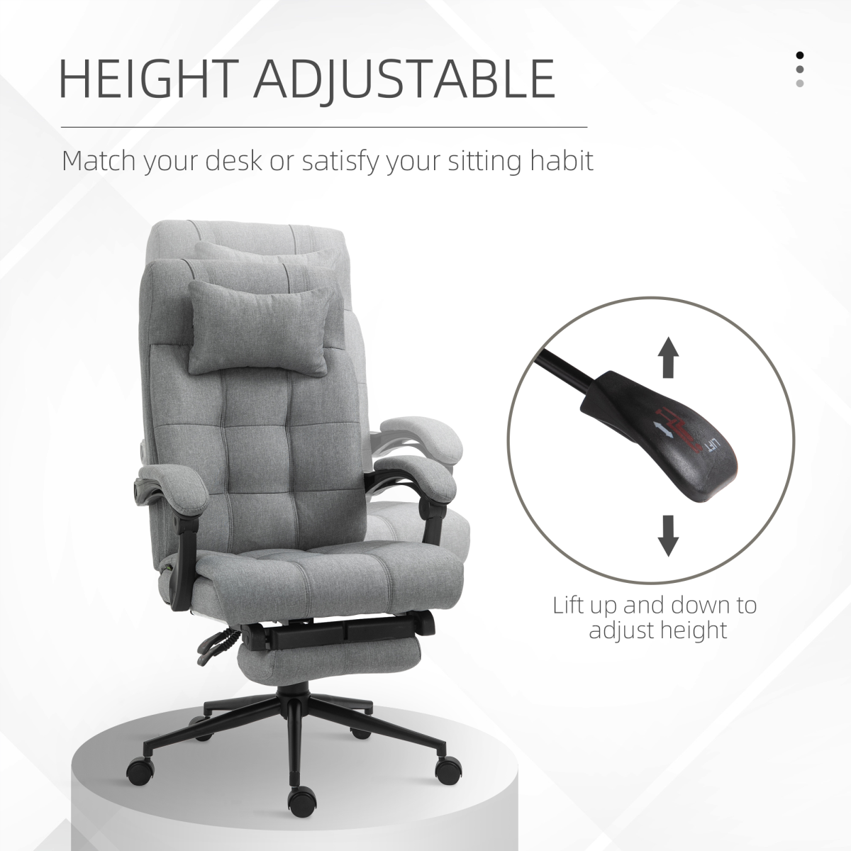Office Chair with Footrest, Adjustable Height, 155° Recline, Swivel, Armrests, Rolling, Light Grey