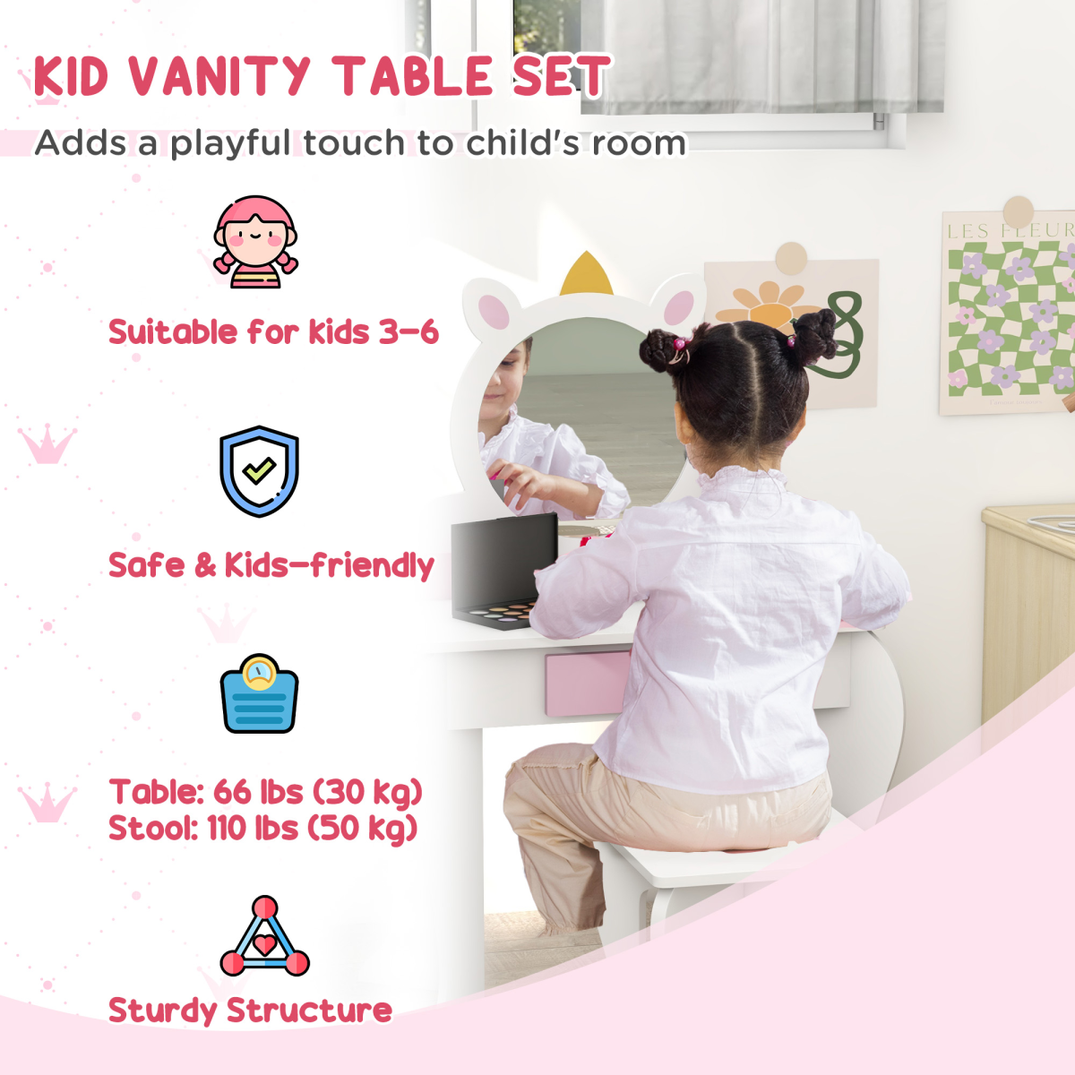 ZONEKIZ Kids Dressing Table Set with Mirror, Stool and Drawer, Unicorn Design, White and Pink