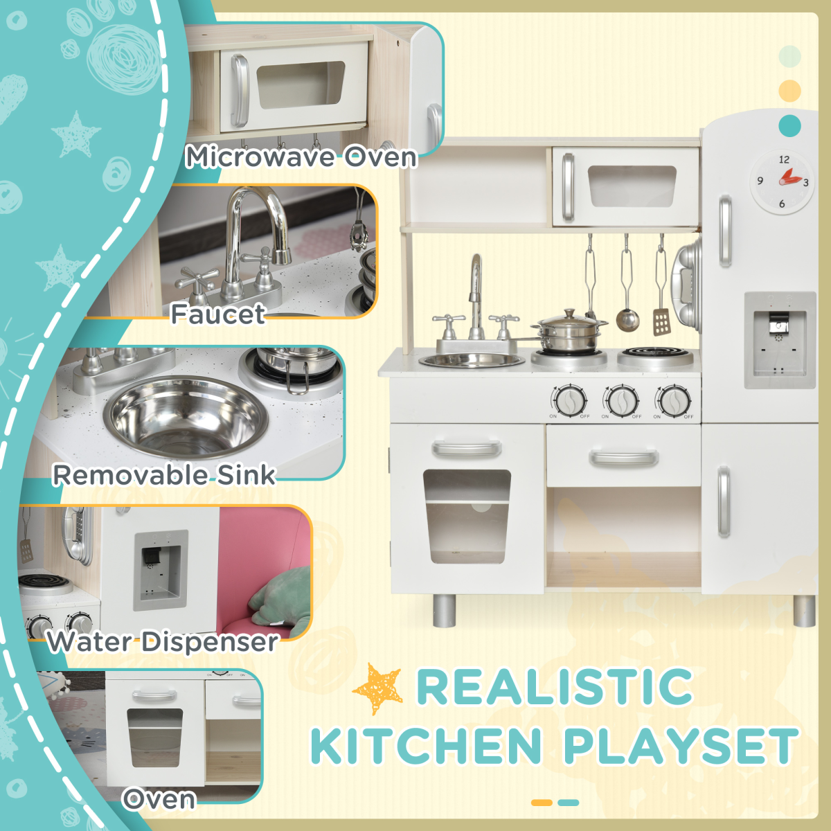 HOMCOM White Kids Kitchen Playset with Accessories, Pretend Cooking Set, Sink, Induction Cooker, Telephone and Water Dispenser