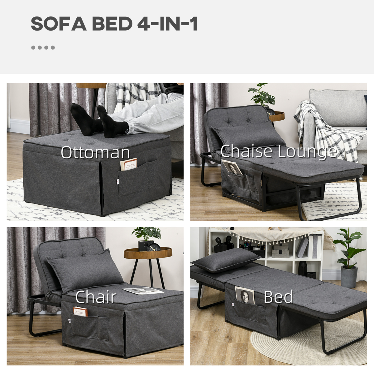 HOMCOM Folding Sleeper Chair Bed with Pillow & Side Pockets, Charcoal Grey