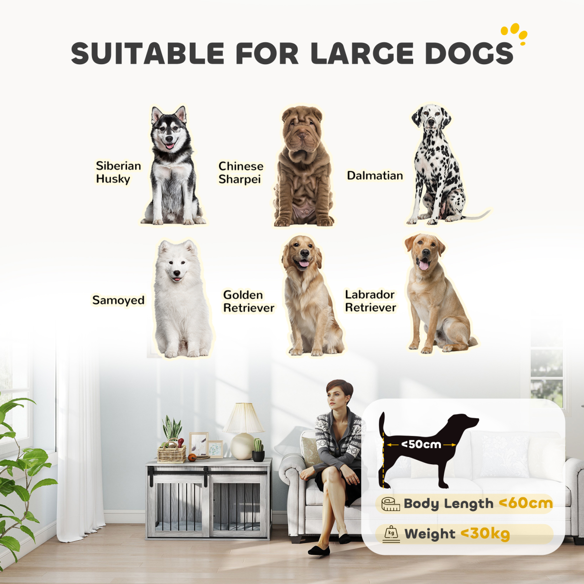 PawHut Grey Dog Crate Furniture with Cushion, Side Table for Large Dogs