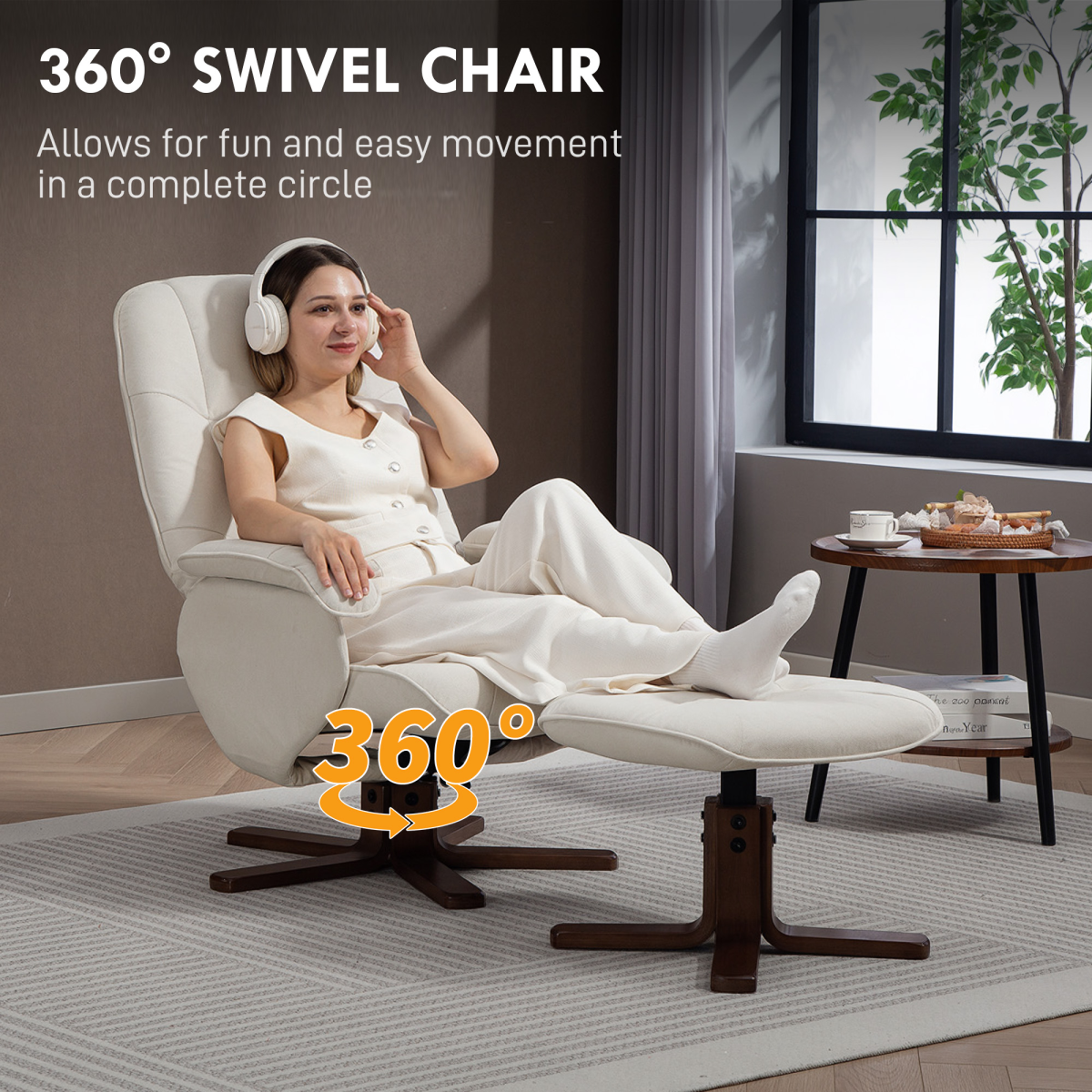 HOMCOM Beige Swivel Recliner Chair with Footstool and Wooden Base