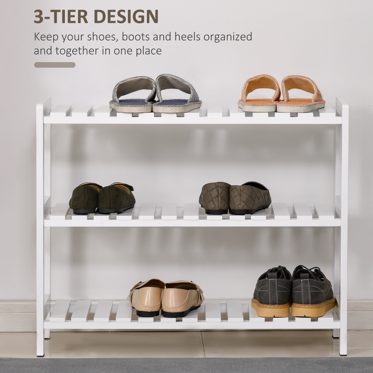 HOMCOM 3-Tier Wooden Shoe Rack, Open Slatted Shelves, 70cm Wide