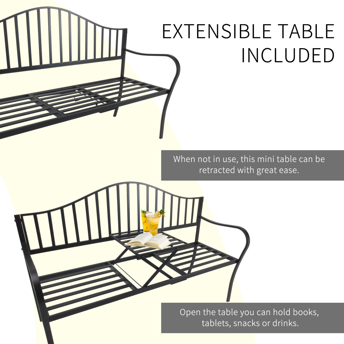 Outsunny Outdoor 2 Seater Metal Bench with Lift-Up Middle Table, Patio Garden Seating Chair