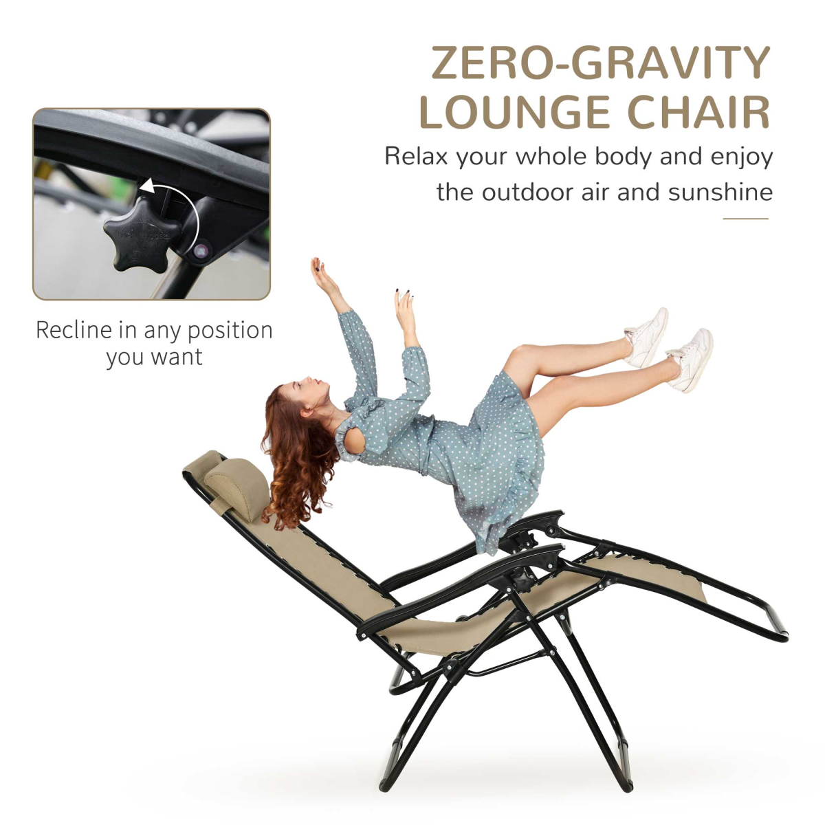 Outsunny 3-Piece Zero Gravity Sun Lounger Chair and Side Table Set with Cup Holders, Beige
