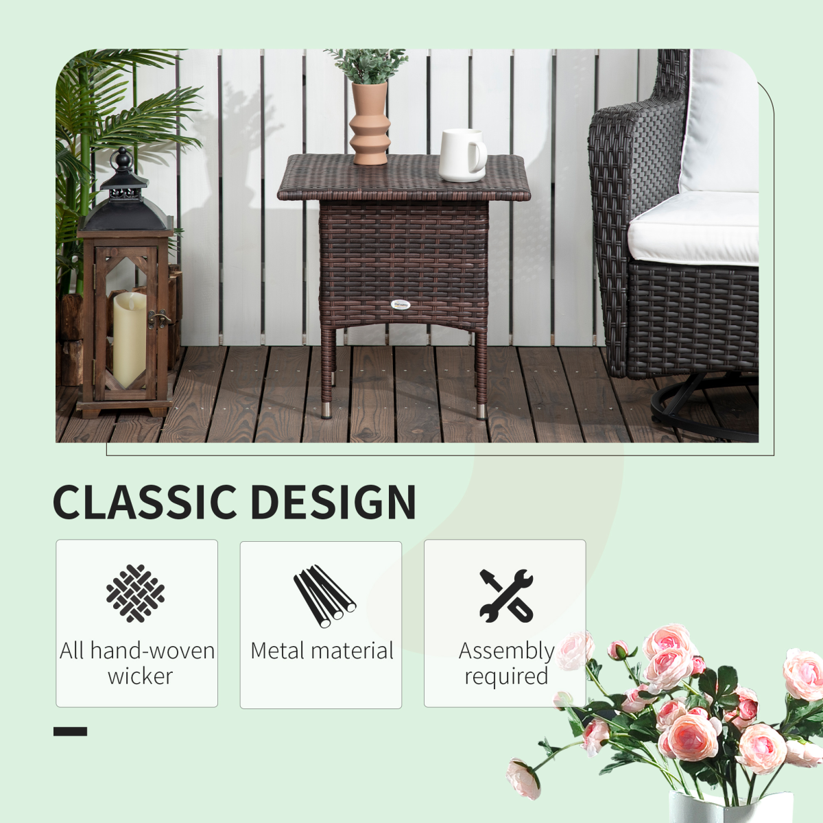 Outsunny PE Rattan Outdoor Coffee Table with Galvanised Steel Frame, Brown and Black