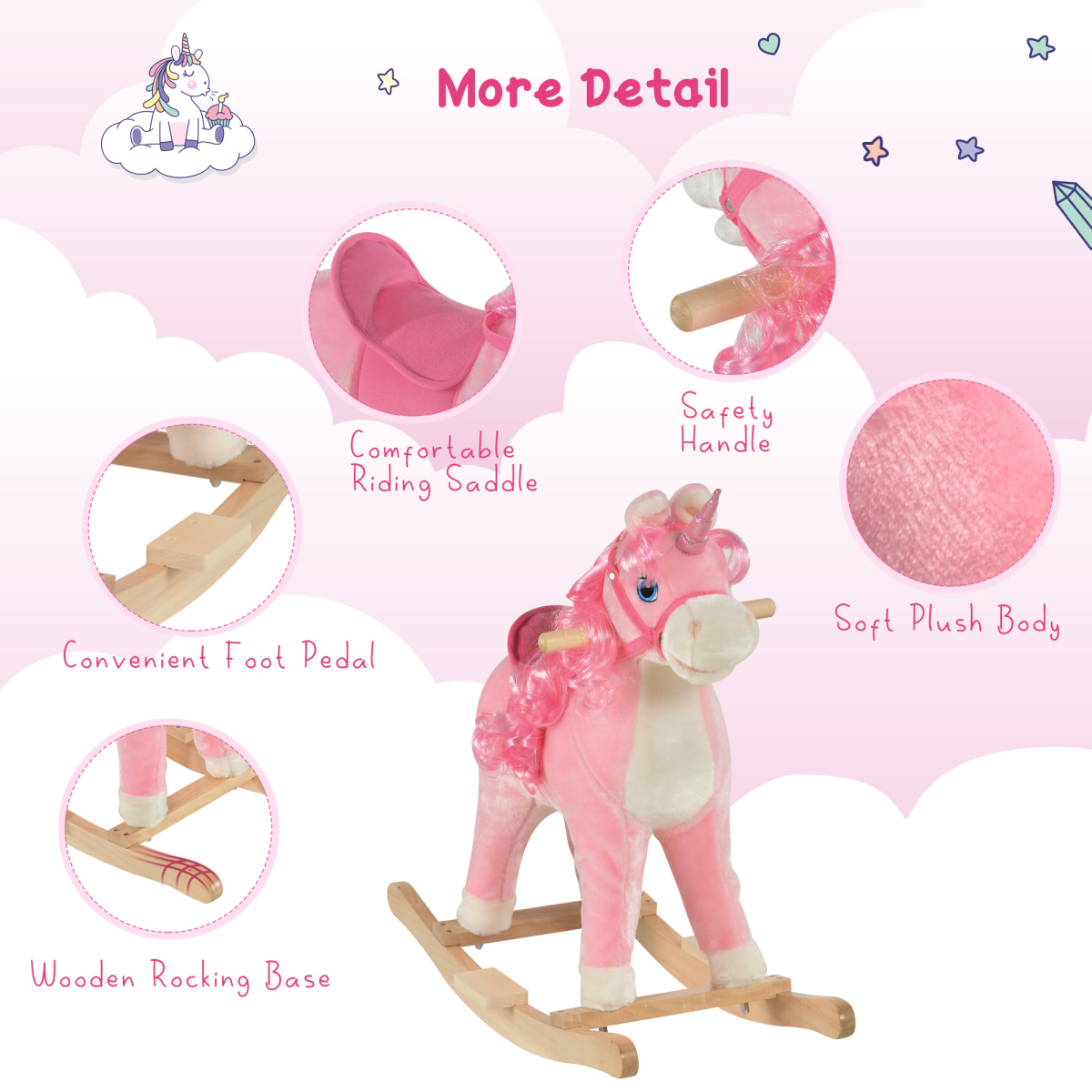 HOMCOM Kids Rocking Unicorn Ride-On Horse with Sounds, 36-72 Months