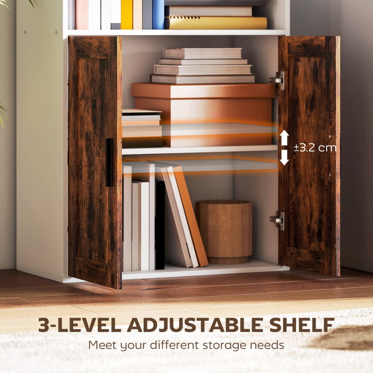 HOMCOM Tall 5-Tier Bookcase with Adjustable Shelf & Cupboard, Rustic Brown