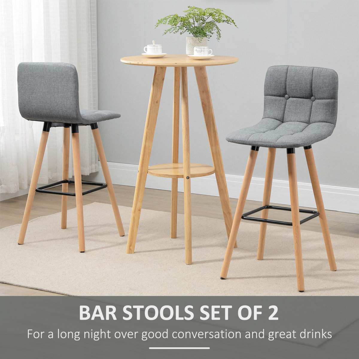 Set of 2 Grey Button-Tufted Armless Counter Height Bar Stools