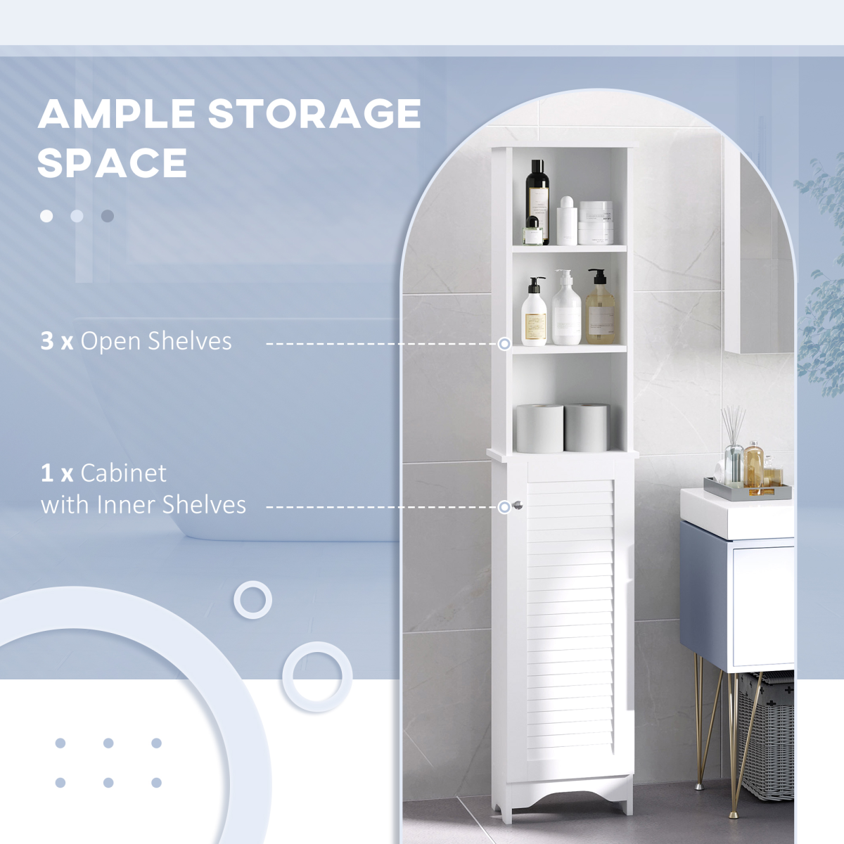 HOMCOM 6-Tier Tall Bathroom Storage Cabinet White with Open Shelves, Adjustable Shelves and Cupboard