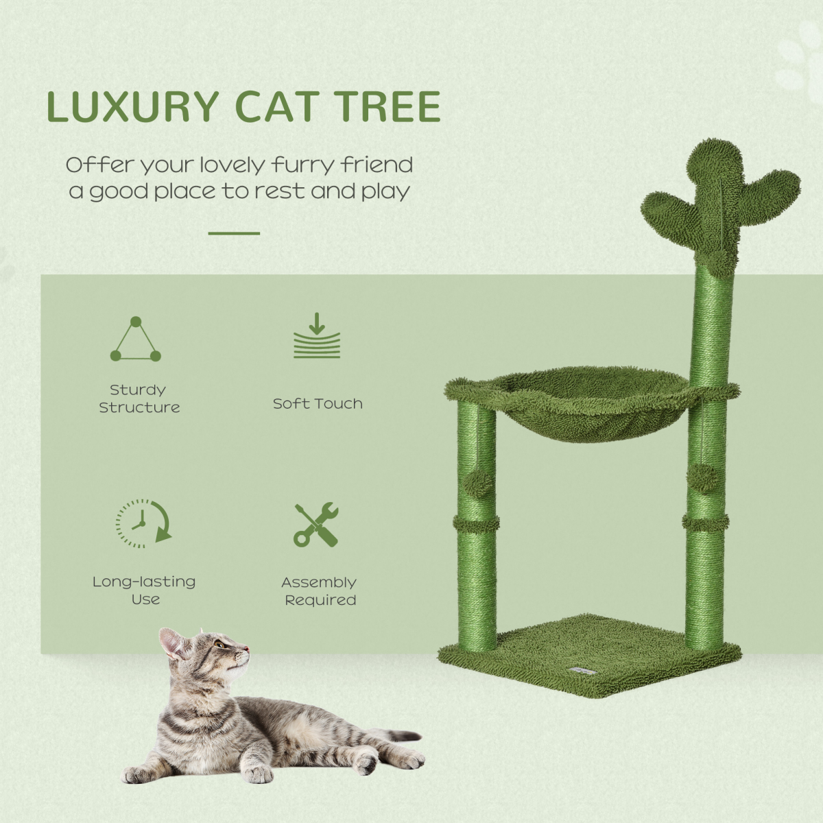 Cactus Cat Tree for Indoor Cats w/ Scratching Post Hammock Bed Toy Ball - Green