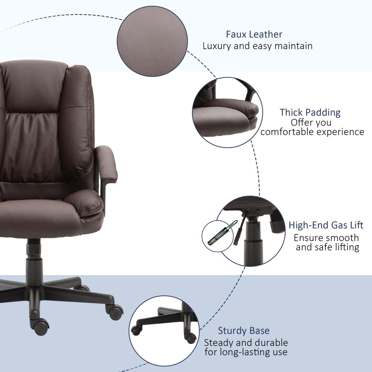 Swivel Executive Mid Back PU Leather Office Chair with Arm, Brown