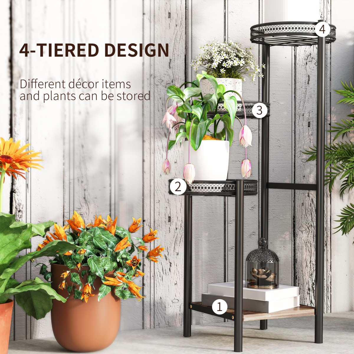 Outsunny 4-Tier Metal Plant Stand with Wooden Bottom Shelf