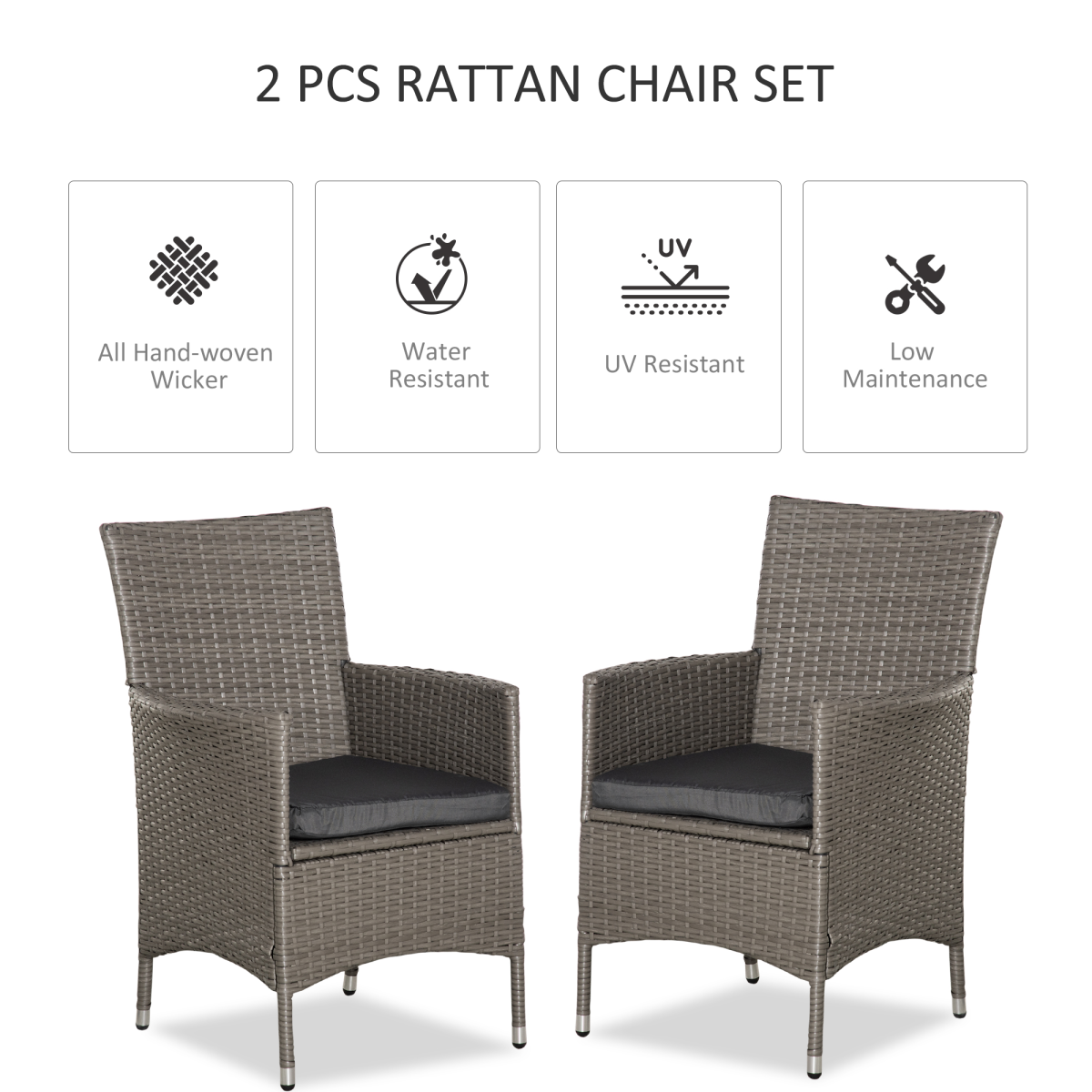 Outsunny Set of 2 Outdoor Rattan Armchairs with Armrests and Cushions, Grey