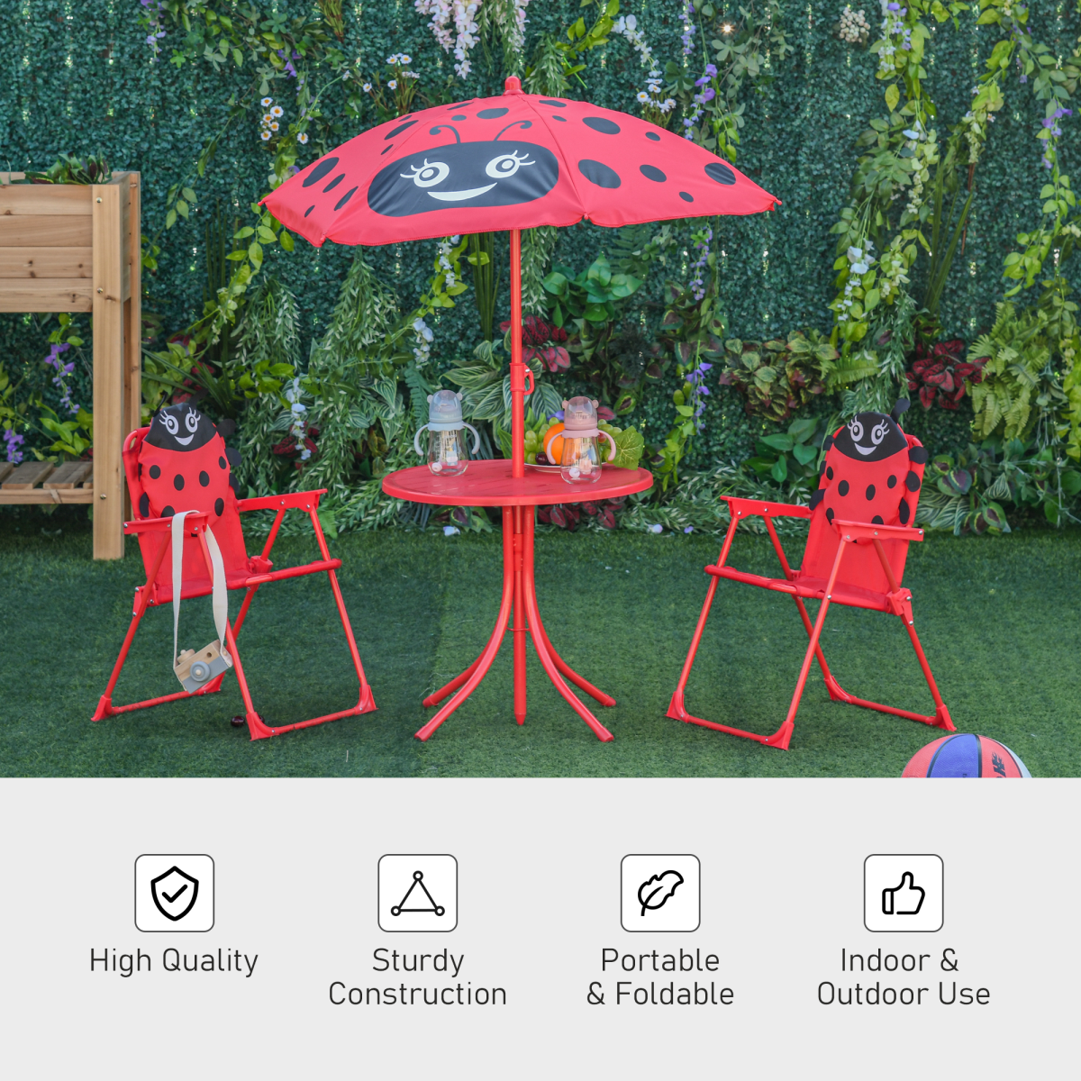 Kids 4-Piece Folding Picnic Table and Chair Set, Ladybird Parasol