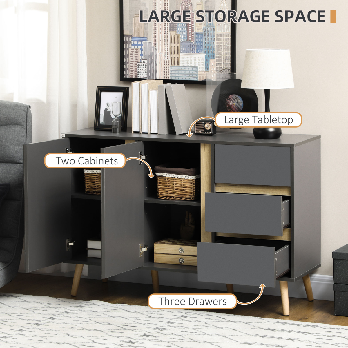 HOMCOM Dark Grey Sideboard with 3 Drawers and 2 Cupboards, Adjustable Shelves