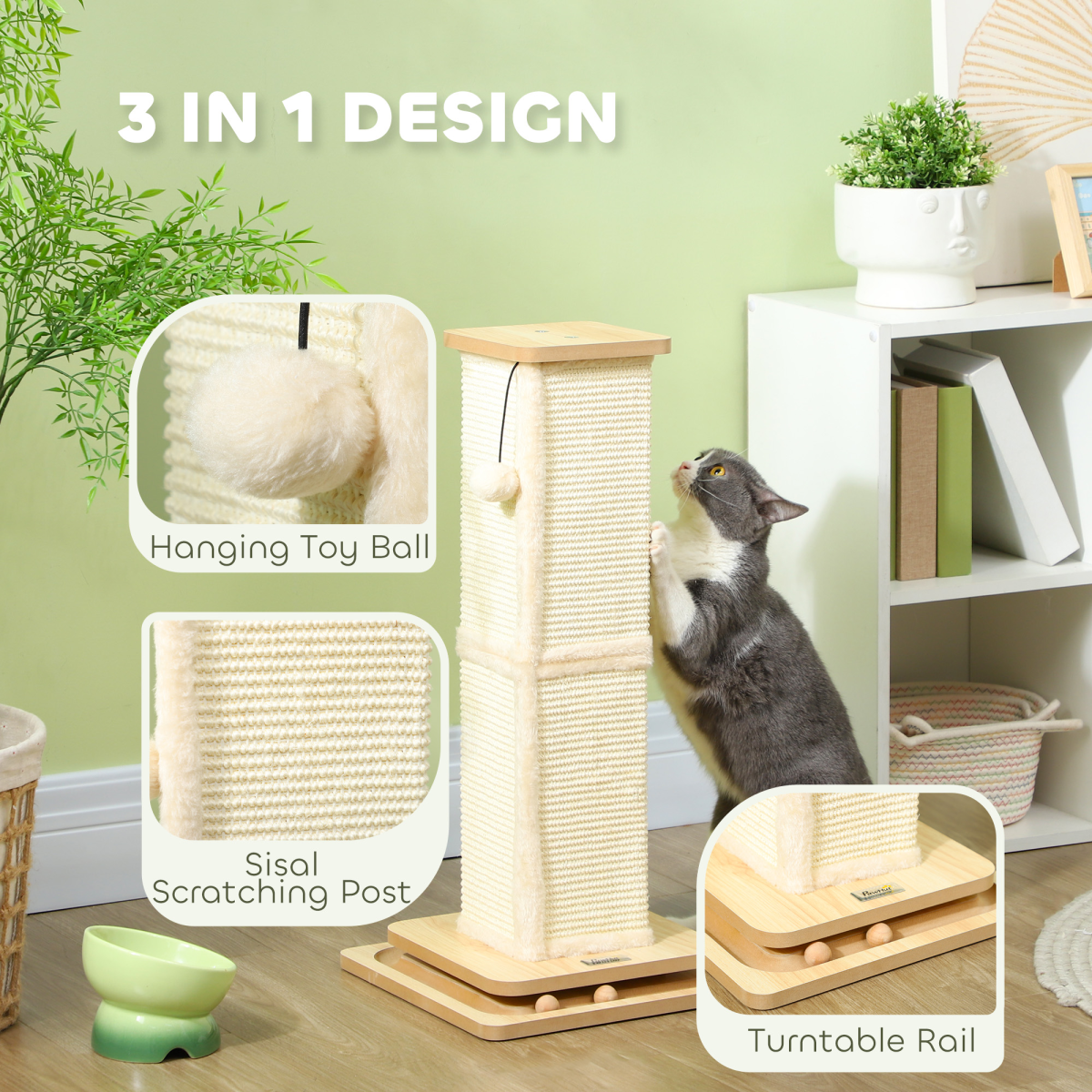 PawHut 67cm 3-in-1 Cat Scratching Post with Sisal & Track Ball Toy