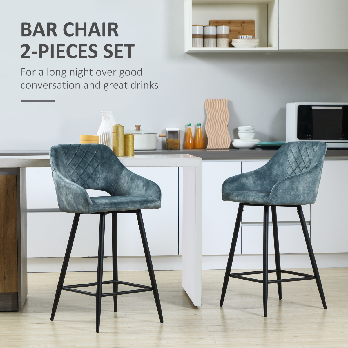 Set of 2 Blue Velvet-Feel Counter Height Bar Stools with Armrests