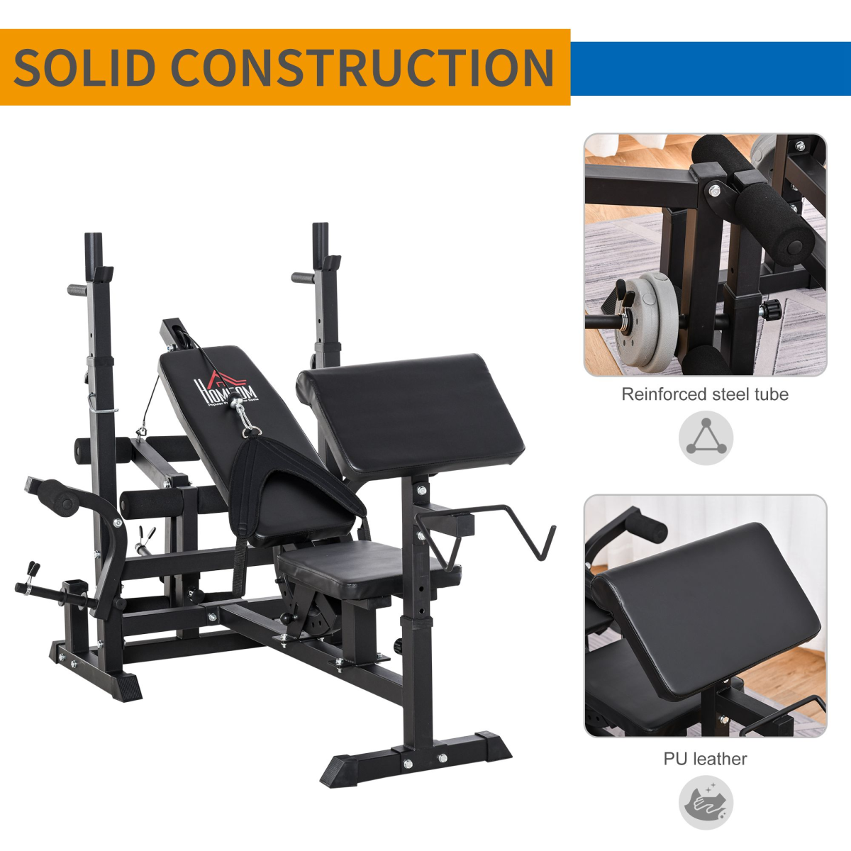 HOMCOM Multi-Function Full-Body Weight Bench with Bench Press, Leg Extension, Preacher Curl Pad and Barbell Rack