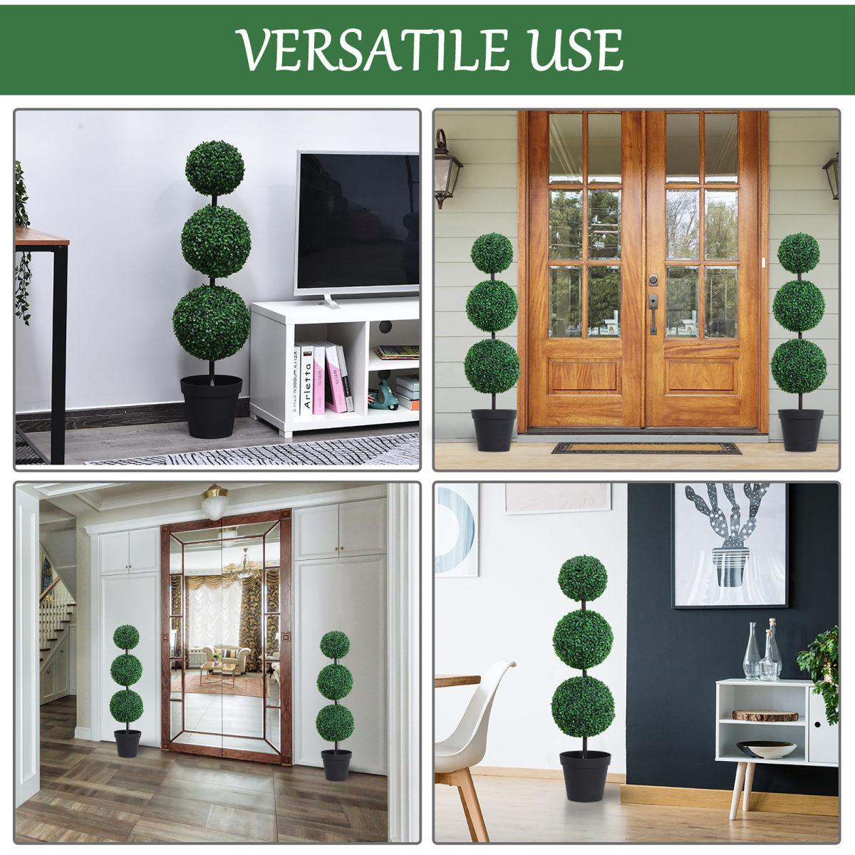 Outsunny Set of 2 Artificial Boxwood Topiary Trees with 3 Balls, Green PE Plants