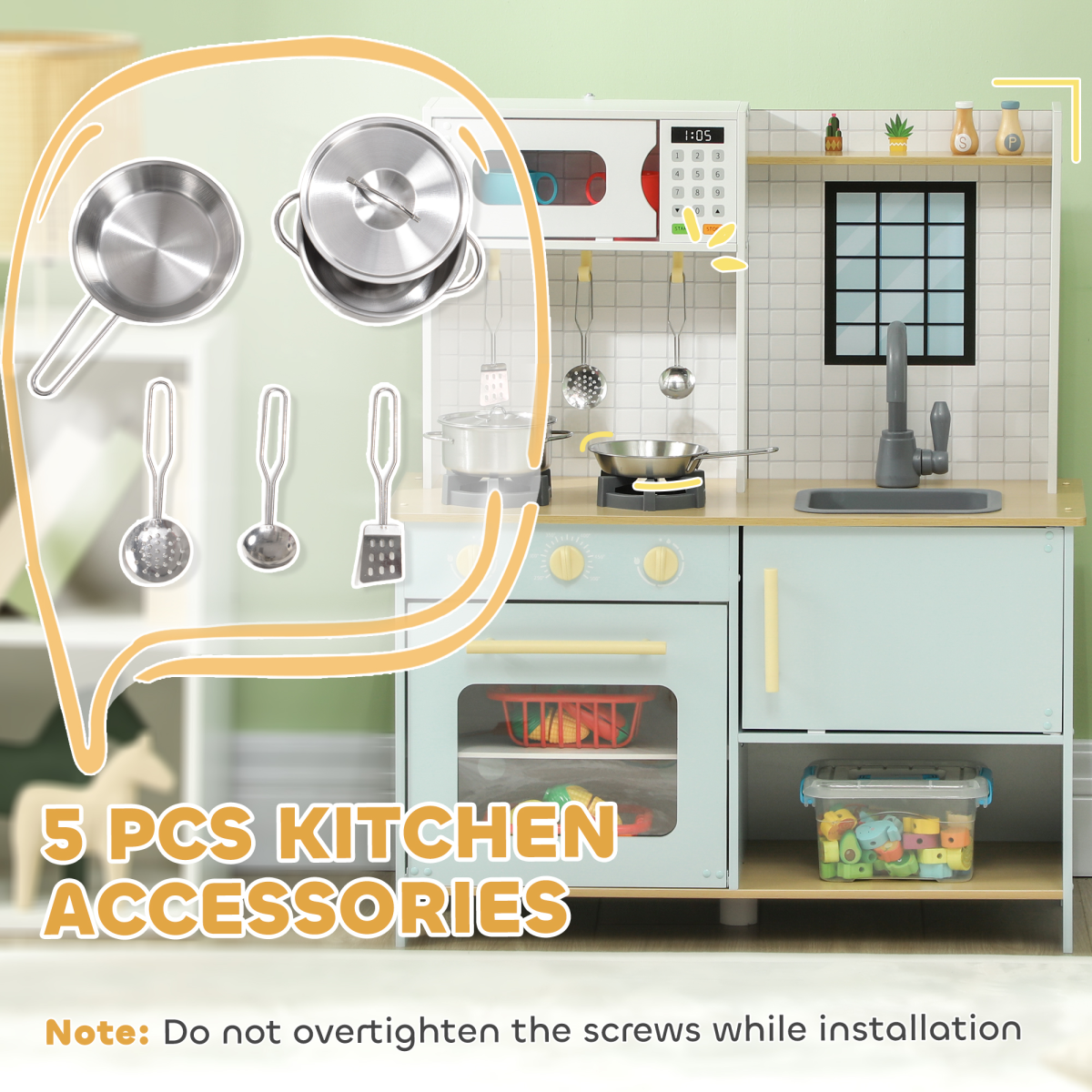 AIYAPLAY Play Kitchen with Stove, Microwave, Oven, Light & Sound