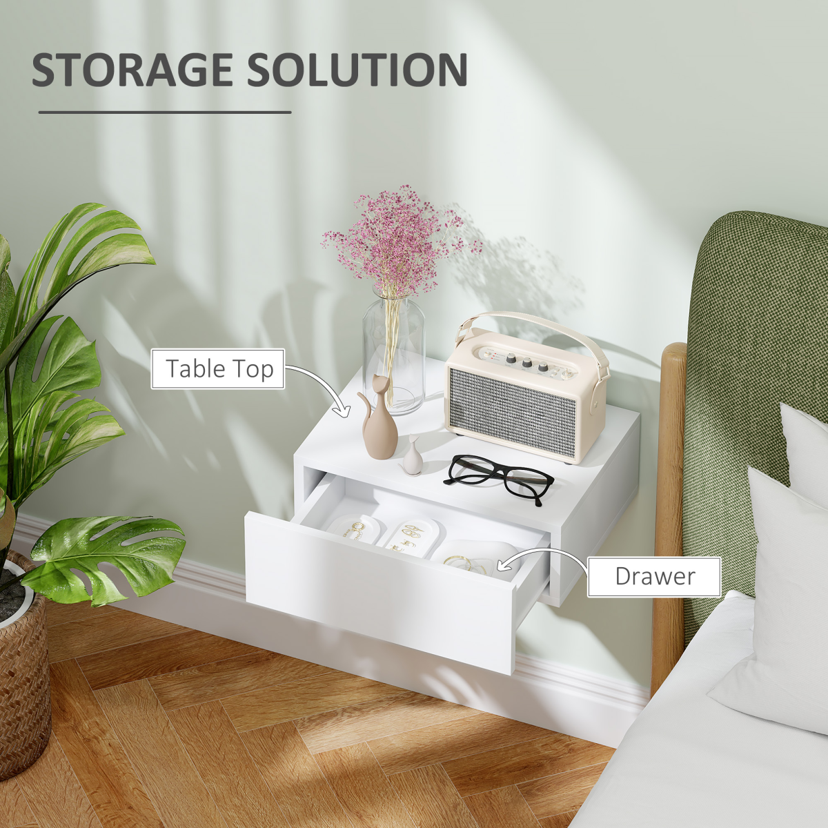 HOMCOM Wall-Mounted Floating Bedside Table with Drawer, White