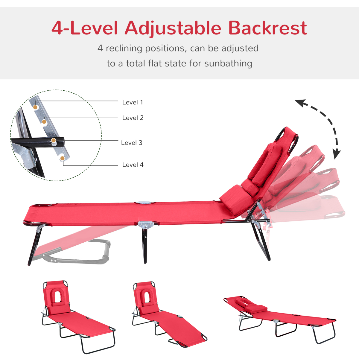 Outsunny Folding Sun Lounger Reclining Chair with Adjustable Backrest and Reading Hole, Red