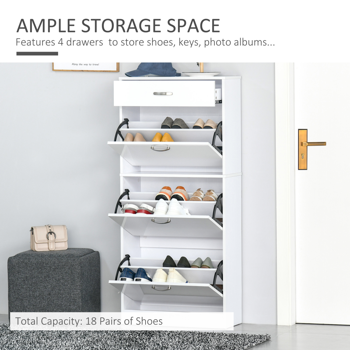 HOMCOM Shoe Cabinet with 4 Drawers, Flip Doors, Adjustable Shelf, Holds up to 18 Pairs, White