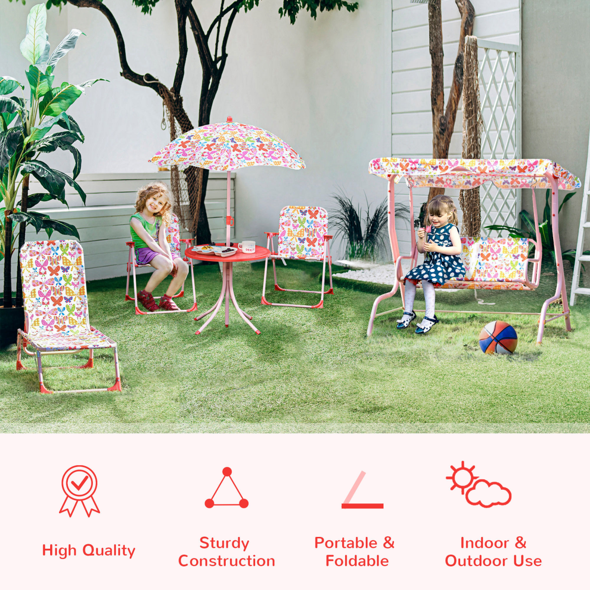 Kids 4-Piece Folding Picnic Table and Chair Set with Butterfly Parasol