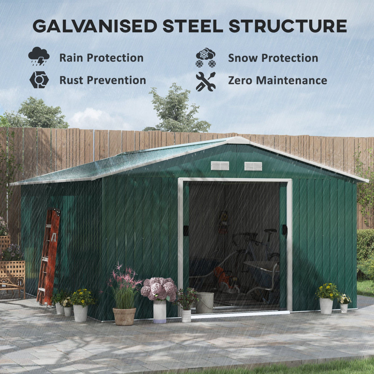 Outsunny 13ft x 11ft Green Metal Storage Shed with Sliding Double Doors, Sloping Roof, Ventilation and Floor Foundation