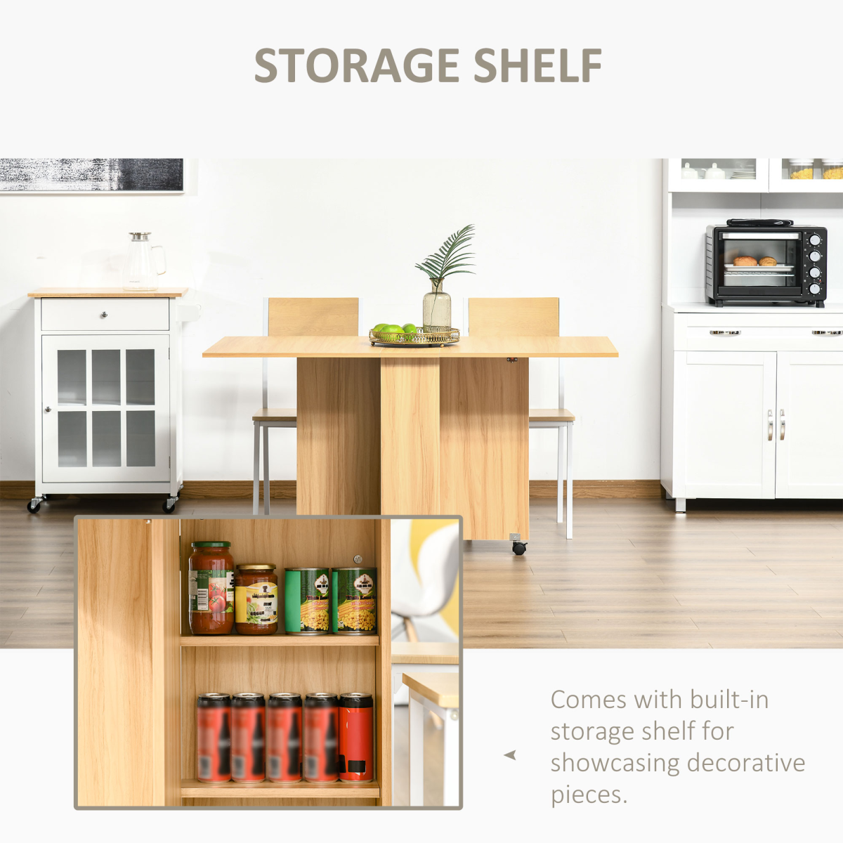 HOMCOM Foldable Dining Table with Storage Shelves, Teak