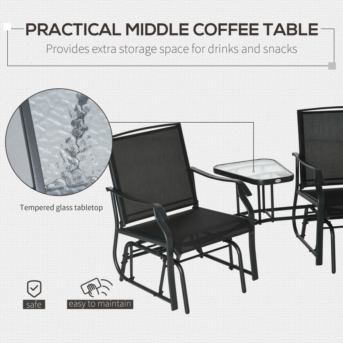 Outsunny Double Glider Rocking Chair Love Seat with Glass Middle Table, Mesh Fabric, Steel Frame