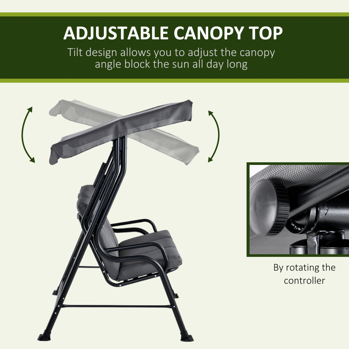 Outsunny 3 Seater Grey Garden Swing Chair with Padded Seat, Adjustable Canopy and Steel Frame