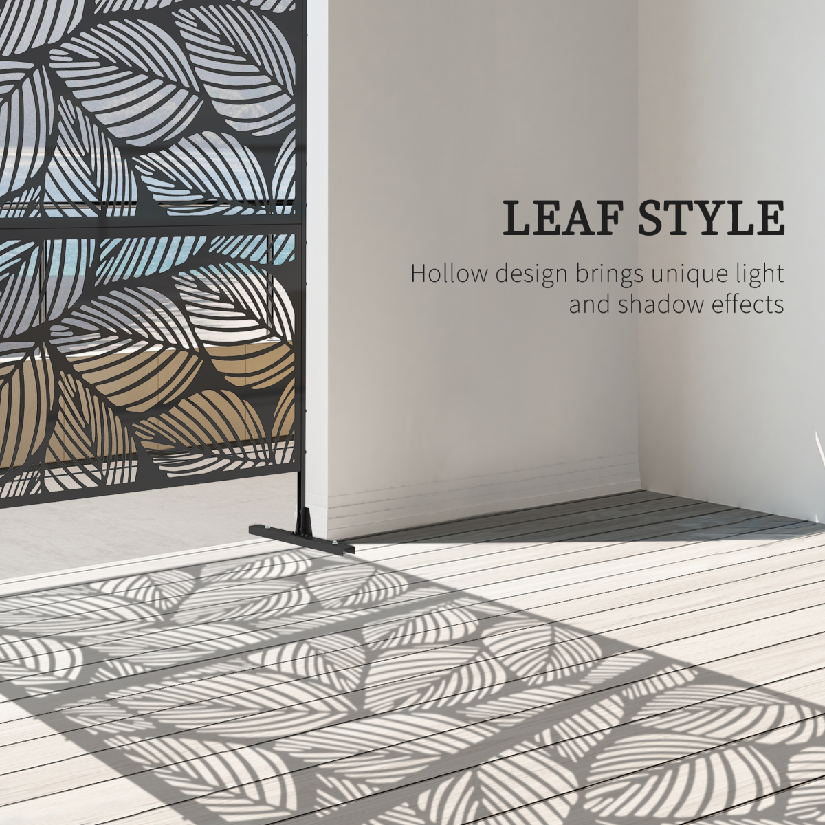 Outsunny 6.5FT Steel Outdoor Decorative Privacy Screen Panel with Stand, Leaf Design, Black