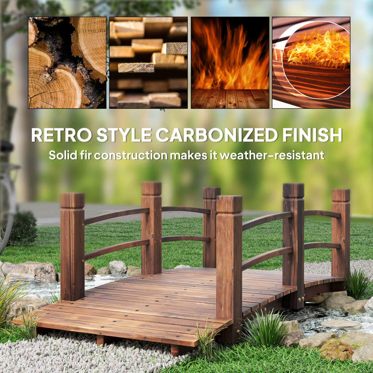 Outsunny Wooden Garden Bridge, Fir Wood, Stained Finish, Arch Design, Side Rails