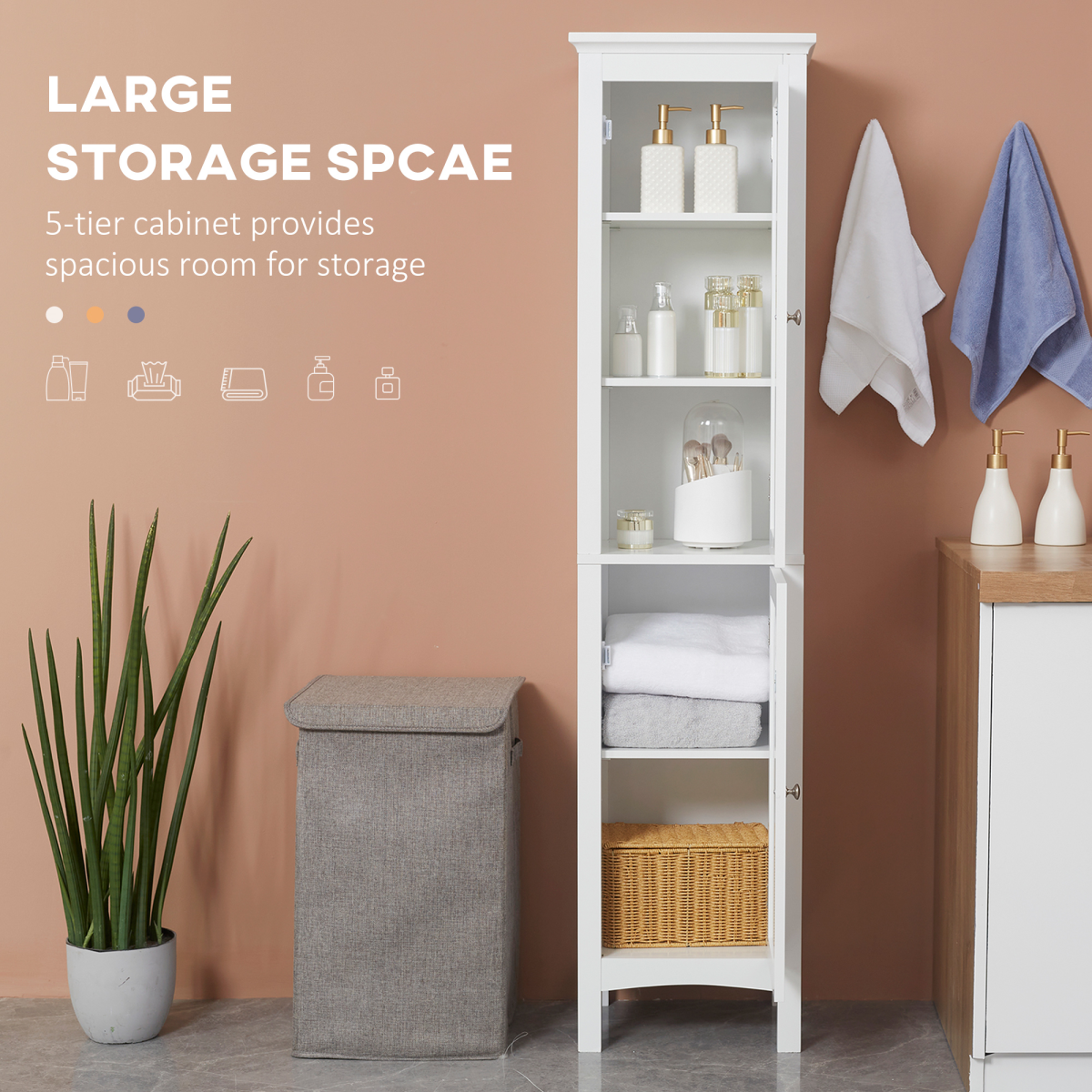 kleankin Tall Bathroom Cabinet, Double Door, Adjustable Shelves, White