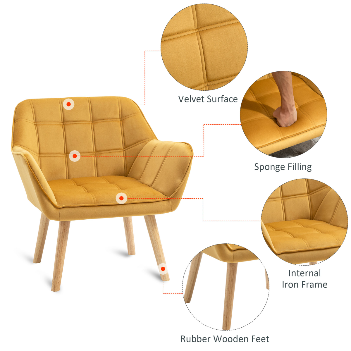 HOMCOM Velvet-Feel Tub Accent Chair with Wide Arms, Slanted Back and Wood Legs