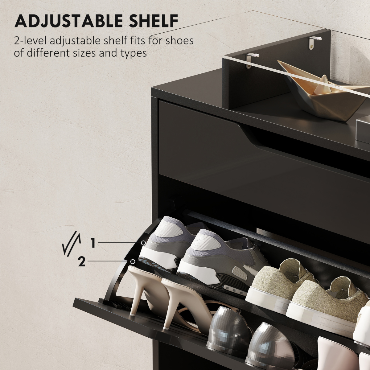 HOMCOM Slim Shoe Cabinet with Glass Top, 2 Flip Drawers, Black