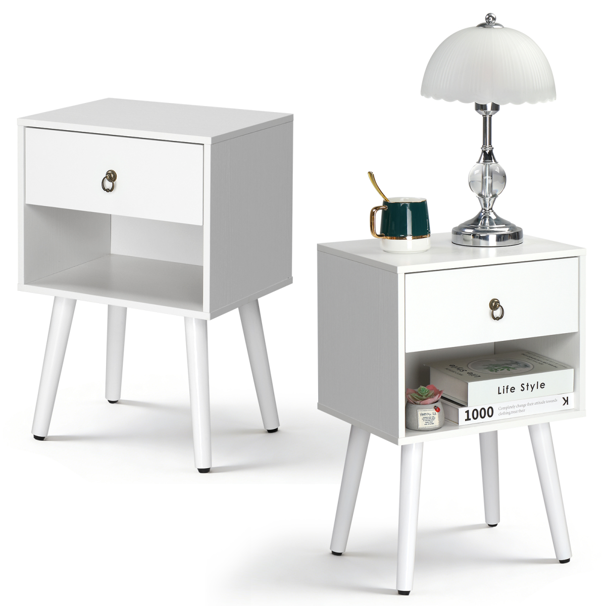 White P2 particleboard with solid wood legs, linen-textured melamine finish, and ring pull handle. 38*30*55cm. One drawer with a lower compartment. Bedside table. 1PC