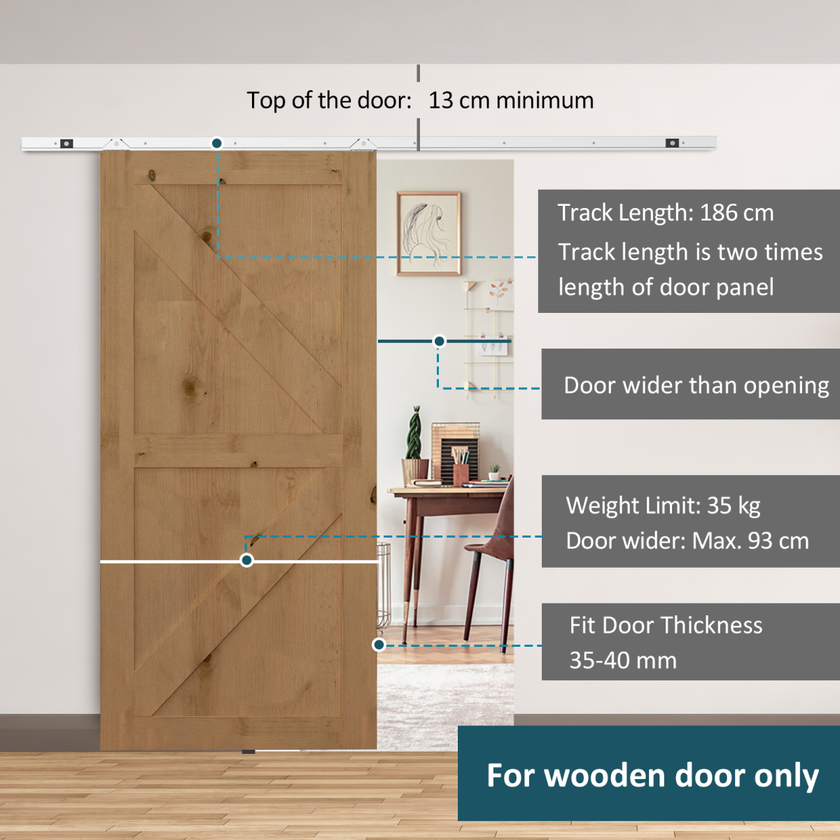Sliding Barn Door Hardware Kit, 6FT 1860mm Track System, Metal Hardware for Single Wooden Door, 35kg Capacity, Fits 35-40mm Thick Doors