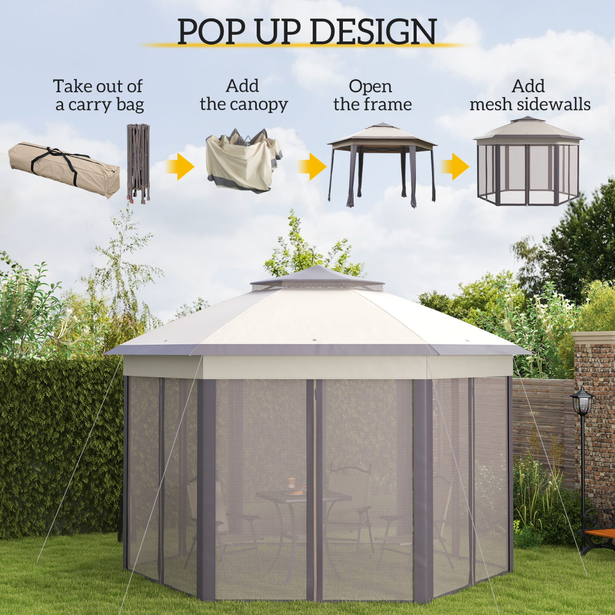 Outsunny 4.05m Metal Frame Mesh Curtain Gazebo with 2-Tier Roof Brown
