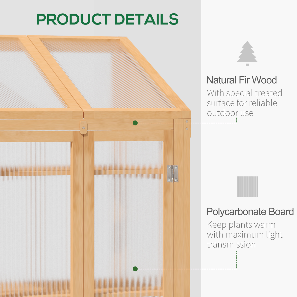 Outsunny Wooden Greenhouse Cold Frame with Polycarbonate Panels, Double Doors, Removable Shelves, Brown, 70x50x120cm