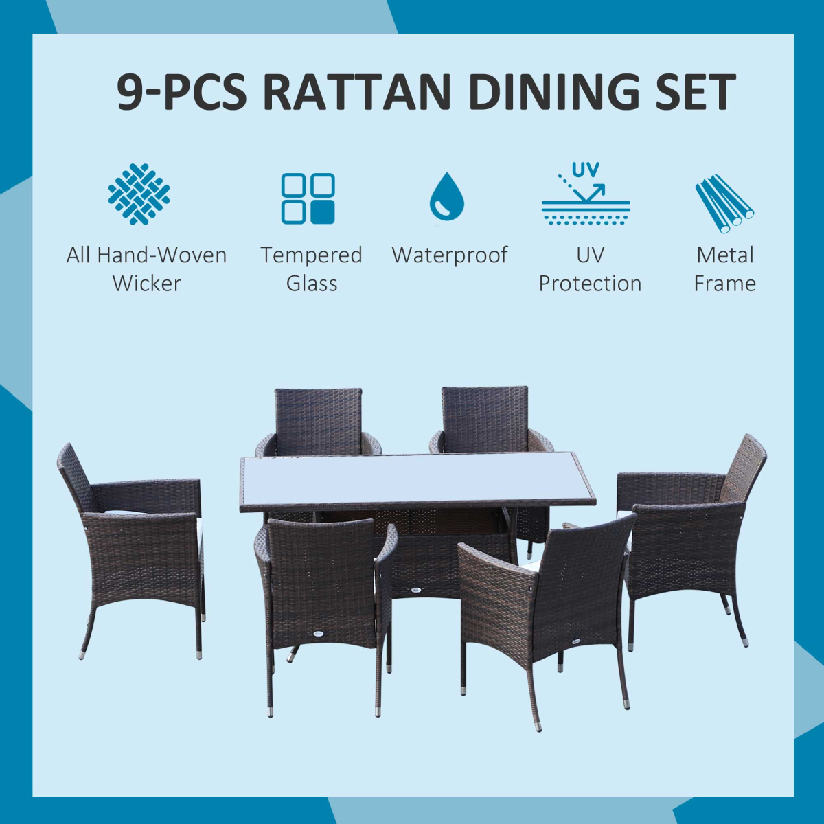 Outsunny 7-Piece Rattan Garden Dining Set, 6 Chairs, Glass Table Top