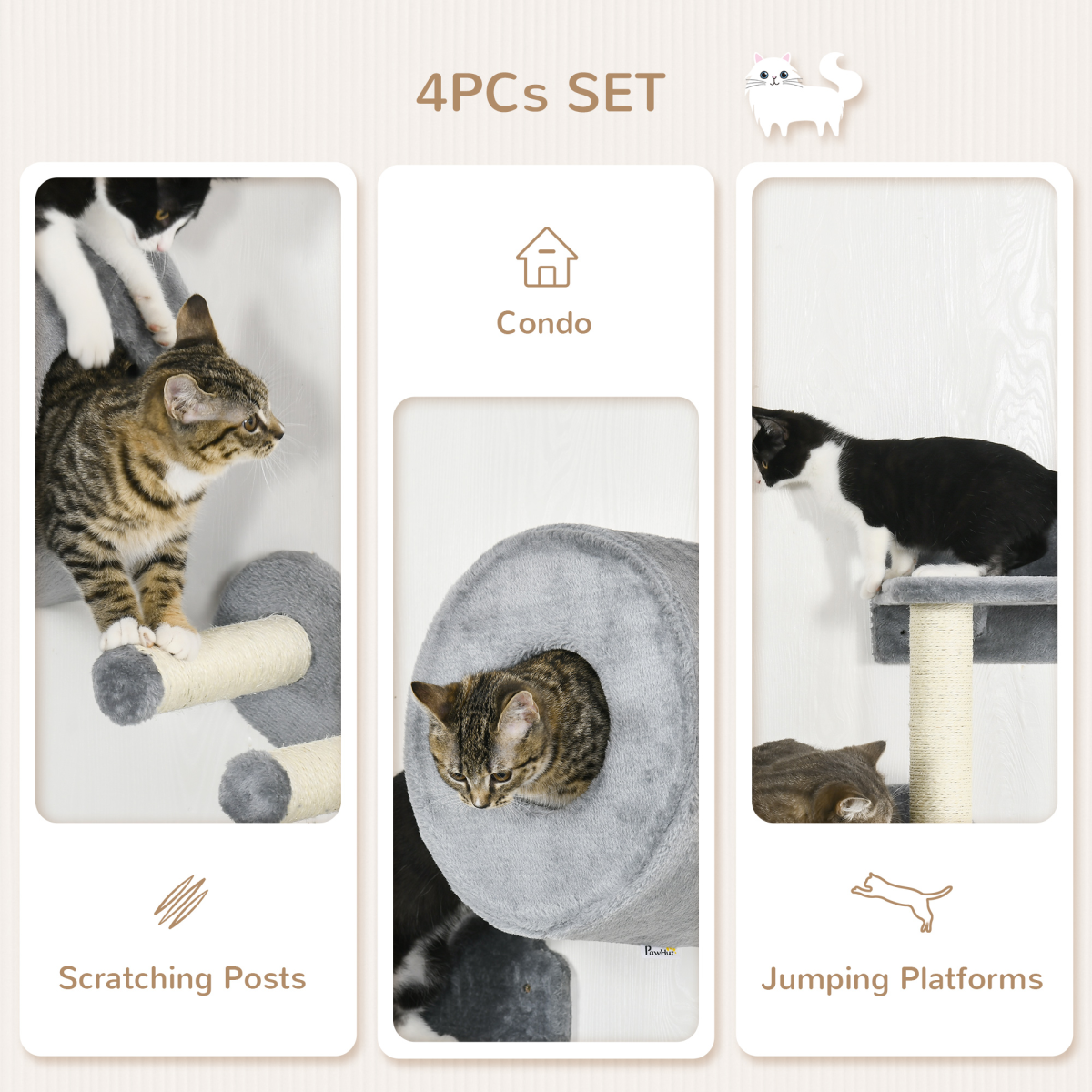 PawHut Wall-Mounted Cat Furniture with Platforms, Steps & House - Grey